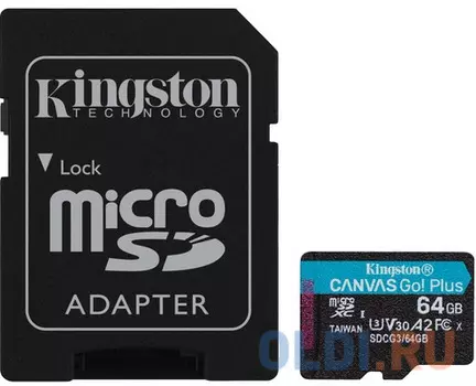 Флеш карта microSDXC 64Gb Kingston,microSDXC, UHS-II Class U3 V30 A2, чтение: 170Мб/с, запись: 70Мб/с, с адаптером 