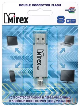 Флеш накопитель 8GB Mirex Smart, OTG, USB 2.0/MicroUSB, Серебро
