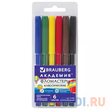 Фломастеры BRAUBERG "АКАДЕМИЯ", 6 цветов, вентилируемый колпачок, ПВХ упаковка, 151409