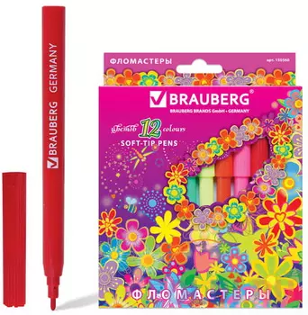 Фломастеры BRAUBERG "Blooming flowers", 12 цветов, вентилируемый колпачок, картонная упаковка с радужной фольгой, 150560