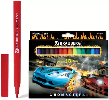Фломастеры BRAUBERG "InstaRacing", 18 цветов, вентилируемый колпачок, карт. упаковка, выборочный лак, увел. срок службы, 150549