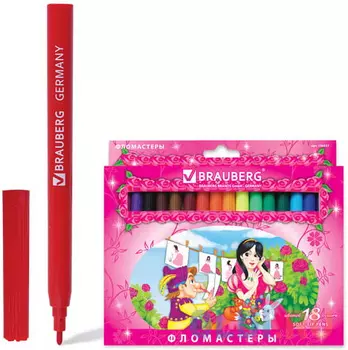 Фломастеры BRAUBERG "Rose Angel", 18 цветов, вентилируемый колпачок, картонная упаковка, увеличенный срок службы, 150557