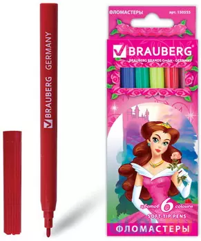 Фломастеры BRAUBERG "Rose Angel", 6 цветов, вентилируемый колпачок, картонная упаковка, увеличенный срок службы, 150555