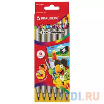 Фломастеры двухсторонние BRAUBERG 6 цветов, пишущие узлы 2 и 5 мм, вентилируемый колпачок, картонная упаковка, 151408