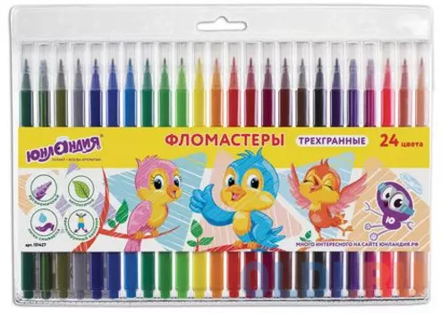 Фломастеры ЮНЛАНДИЯ 24 цвета, "ЗООПАРК", трехгранные, смываемые, вентилируемый колпачок, 151427