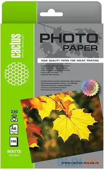 Фотобумага Cactus CS-MA6230100 10x15/230г/м2/100л./белый матовое для струйной печати
