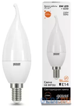 GAUSS 34116 Светодиодная лампа LED Elementary Свеча на ветру 6W E14 420lm 3000K 1/10/50 0