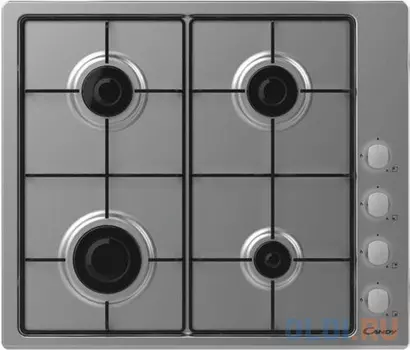 Газ, Газовая варочная поверхность 60 см. Цвет: Нержавеющая сталь. Цвет ручек: серебро. Автоматический электроподжиг. 4 конфорки: быстрая, 2-е полубыст