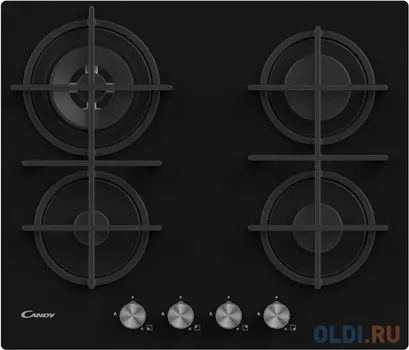 Газовая на стекле 60 см. Цвет: черный Цвет ручек: серебро. Газ-контроль. Автоматический электроподжиг. 4 конфорки