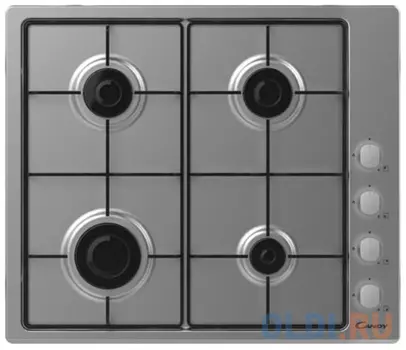 Газовая варочная поверхность 60 см. Цвет: Нерж сталь. Цвет ручек: серебро. Газ-контроль. Автоматический электроподжиг. 4 конфорки: быстрая, 2-е полубы
