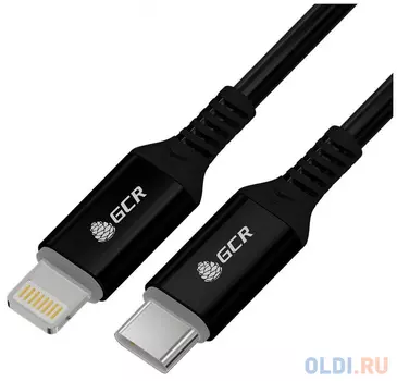 GCR Кабель PREMIUM 1.5m TypeC/Lightning MFI POWER DELIVERY 18 W, быстрая зарядка, черный силикон, AL case черный, черный ПВХ, GCR-53532