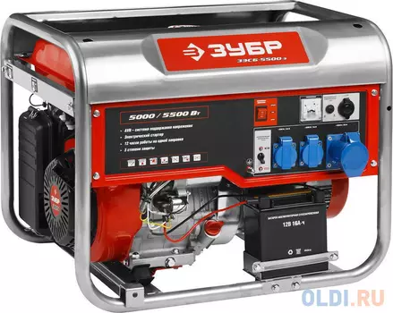 Генератор ЗУБР ЗЭСБ-5500-Э бензиновый 4-х тактный ручной и электрический пуск 5500/5000Вт 220/12в