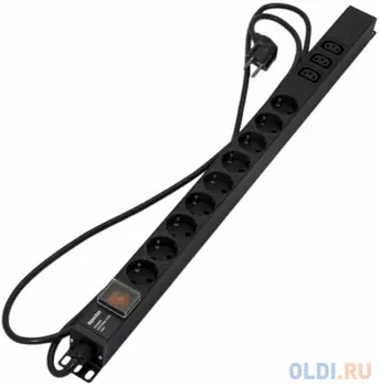 Hyperline SHE-9SH-3IEC-S-2.5EU Блок розеток, 9 розеток Schuko+3xIEC320 C13, 16А, 250В, с выключателем, кабель питания 3х1.5мм2, длина 2.5 м, с вилкой Schuko, 730x44.4x44.4 мм (ДхШхВ)
