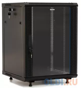 Hyperline TWB-1566-GP-RAL9004 Шкаф настенный 19-дюймовый (19"), 15U, 775x 600х 600мм, стеклянная дверь с перфорацией по бокам, ручка с замком, цв