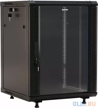 Hyperline TWB-FC-1866-GP-RAL9004 Шкаф настенный 19-дюймовый (19") 18U, 908x 600х 600мм, стеклянная дверь с перфорацией по бокам, ручка с замком,