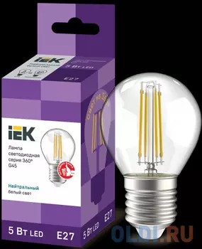 Iek LLF-G45-5-230-40-E27-CL Лампа LED G45 шар прозр. 5Вт 230В 4000К E27 серия 360°