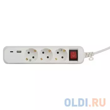 ЭРА Б0052897 Удлинитель электрический UB-3es-1,5m-USB c заземлением с выключателем 3 розетки + 1xUSBA+1xUSBC 1,5м 10А