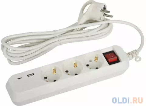 ЭРА Б0052899 Удлинитель электрический UB-3es-5m-USB c заземлением с выключателем 3 розетки + 1xUSBA+1xUSBC 5м 10А