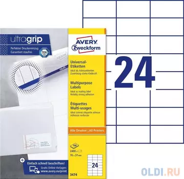Этикетки Avery Zweckform 3474 A4 70x37мм 24шт на листе/70г/м2/100л./белый матовое самоклей. универсальная