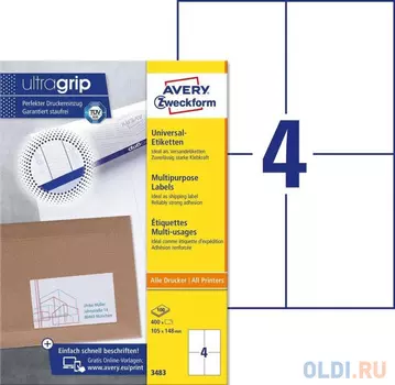 Этикетки Avery Zweckform 3483 A4 105x148мм 4шт на листе/70г/м2/100л./белый матовое самоклей. универсальная