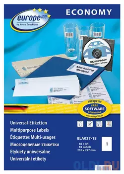 Этикетки Europe100 ELA027-18 A4 210x297мм 1шт на листе/70г/м2/18л./белый матовое самоклей. универсальная