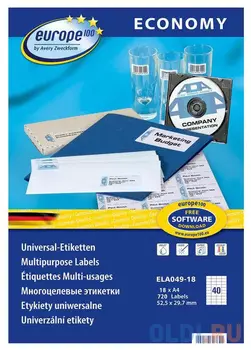 Этикетки Europe100 ELA049-18 A4 52.5x29.7мм 40шт на листе/70г/м2/18л./белый матовое самоклей. универсальная