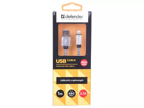 Кабель Defender ACH01-03T PRO USB2.0 Белый, AM-LightningM, 1m, 2.1A
