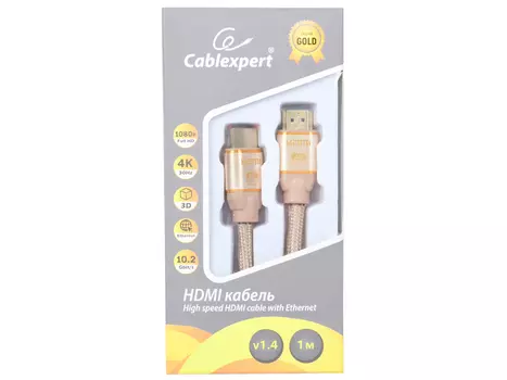 Кабель HDMI Cablexpert, серия Gold, 1 м, v1.4, M/M, золотой, позол.разъемы, алюминиевый корпус, нейлоновая оплетка, коробка CC-G-HDMI03-1M