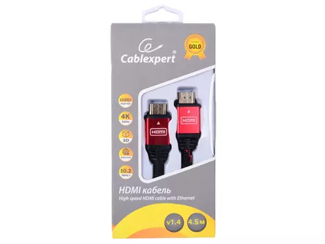 Кабель HDMI Cablexpert, серия Gold, 4,5 м, v1.4, M/M, красный, позол.разъемы, алюминиевый корпус, нейлоновая оплетка, коробка