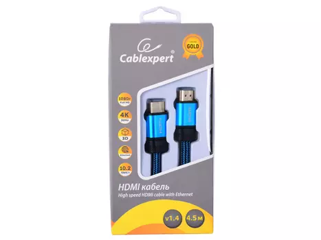 Кабель HDMI Cablexpert, серия Gold, 4,5 м, v1.4, M/M, синий, позол.разъемы, алюминиевый корпус, нейлоновая оплетка, коробка