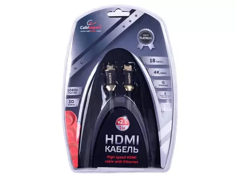 Кабель HDMI Cablexpert, серия Platinum, 1 м., v2.0, M/M, позол.разъемы, титановый метал. корпус, нейлоновая оплетка, блистер CC-P-HDMI03-1M