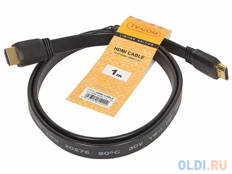 Кабель HDMI 19M/M 1.4V плоский 1m, черный, TV-COM
