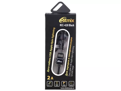 Кабель Lightning Ritmix RCC-428 Black,1 м тканевая оплетка, 2A, угловой коннектор