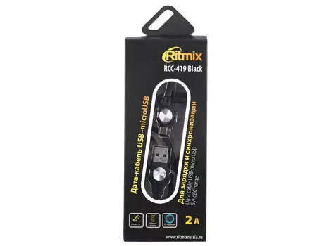 Кабель microUSB Ritmix RCC-419 Black, 1м тканевая оплетка, 2A, LED подсветка