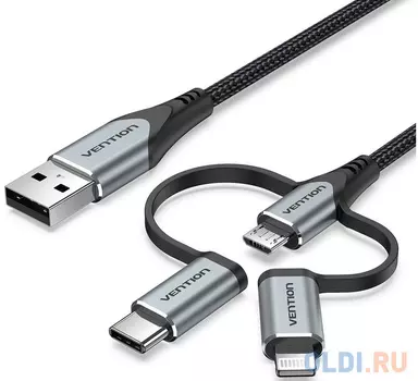 Кабель Vention 3 в 1 USB 2.0 AM/ Micro-B, USB-C, Lightning M - 1м. Черный