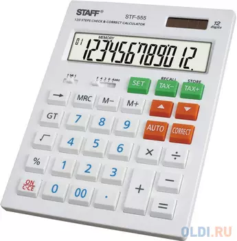 Калькулятор настольный STAFF STF-555-WHITE (205х154 мм), 12 разрядов, двойное питание, CORRECT, TAX, БЕЛЫЙ, 250305