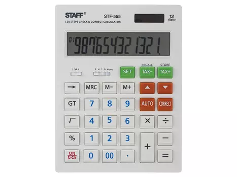 Калькулятор настольный STAFF STF-555-WHITE (205х154 мм), 12 разрядов, двойное питание