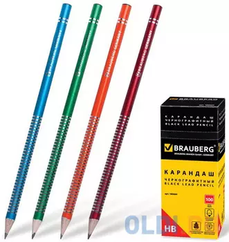Карандаш чернографитный BRAUBERG, 1 шт., "Attitude", НВ, ассорти в серебристую полоску, без резинки, 180660