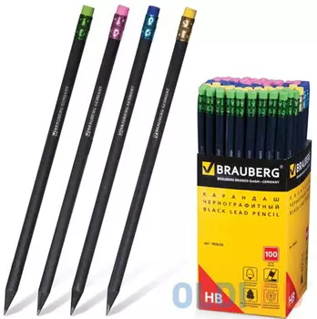 Карандаш чернографитный BRAUBERG, 1 шт., "Black Wood", НВ, черное дерево, черный, c резинкой ассорти, 180629