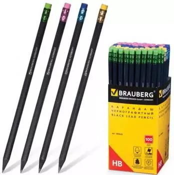Карандаш чернографитный BRAUBERG, 1 шт., "Black Wood", НВ, черное дерево, черный, c резинкой ассорти