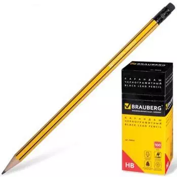 Карандаш чернографитный BRAUBERG, 1 шт., НВ, желтый с черными полосами, с резинкой, заточенный, 1806