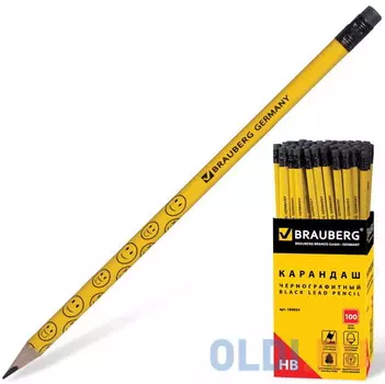 Карандаш чернографитный BRAUBERG, 1 шт., "Смайлики", НВ, желтый, улыбки, с резинкой, заточенный, 180654