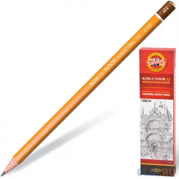Карандаш чернографитный KOH-I-NOOR 1500, 1 шт., 4H, без резинки, корпус желтый, заточенный, 150004H01170