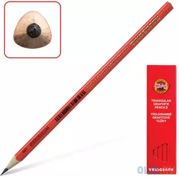 Карандаш чернографитный KOH-I-NOOR, 1 шт., "Triograph", B, трехгранный, без резинки, корпус красный, заточенный, 1802001001KSRU
