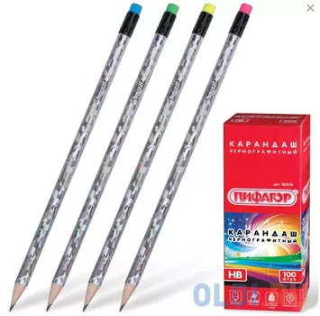 Карандаш чернографитный ПИФАГОР, 1 шт., НВ, фольгированный, цвет серебристый, с резинкой, заточенный, 180618