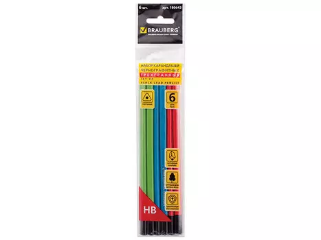 Карандаши чернографитные BRAUBERG "Triograff", НАБОР 6 шт., НВ, трехгранные, ассорти, без резинки