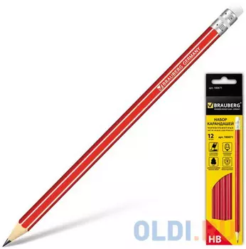 Карандаши чернографитные BRAUBERG "ZTX", НАБОР 12 шт., HB, с резинкой, красный корпус, картонная упаковка, 180671