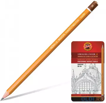 Карандаши чернографитные KOH-I-NOOR, НАБОР 12 шт., "Graphic", 5В-5H, без резинки, металлическая коробка, 1502012009PL