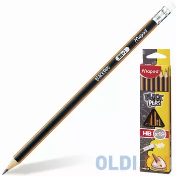 Карандаши чернографитные MAPED (Франция), НАБОР 12 шт., "Black Pep's", HB, трехгранные, с резинкой, 851721