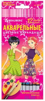 Карандаши цветные акварельные BRAUBERG "Pretty Girls", 12 цветов, заточенные, картонная упаковка, 180567
